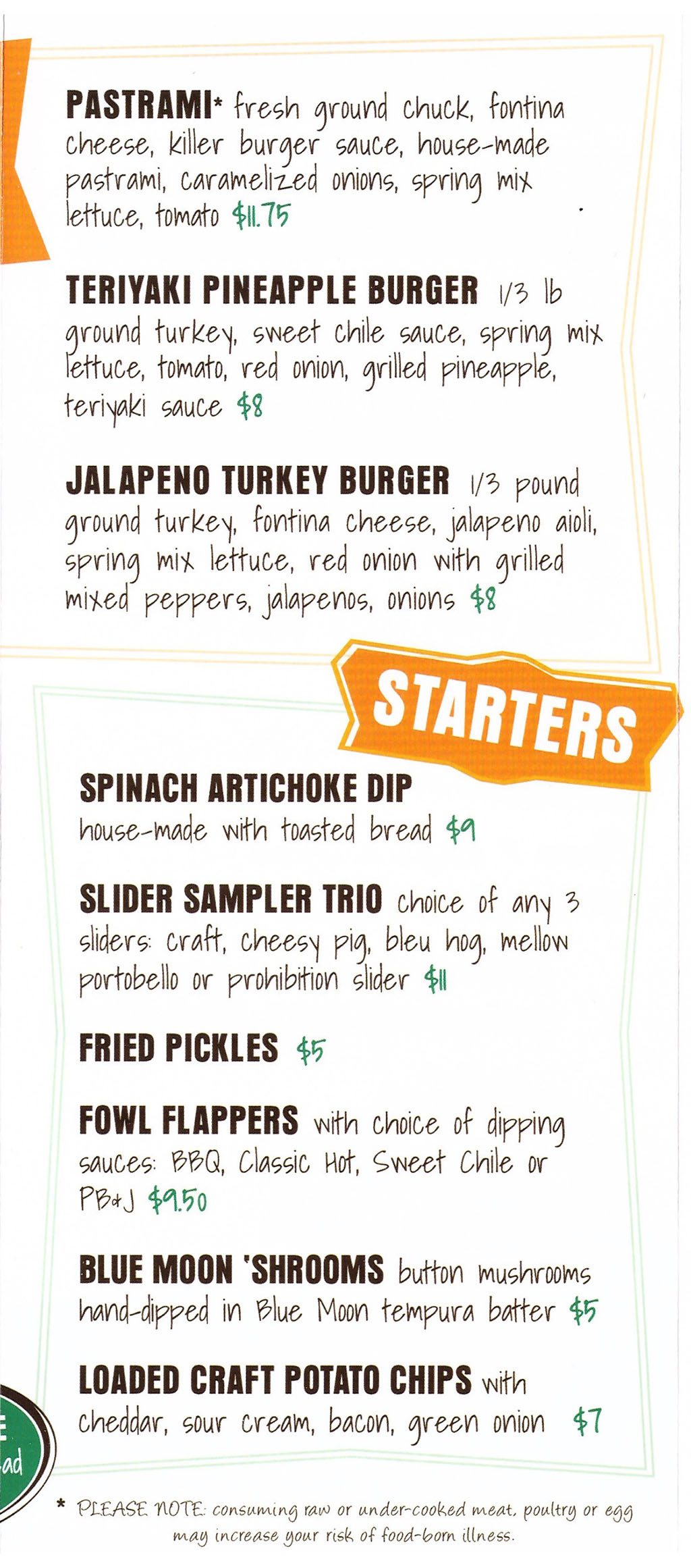 Warrens Craft Burger menu - burgers continued, starters