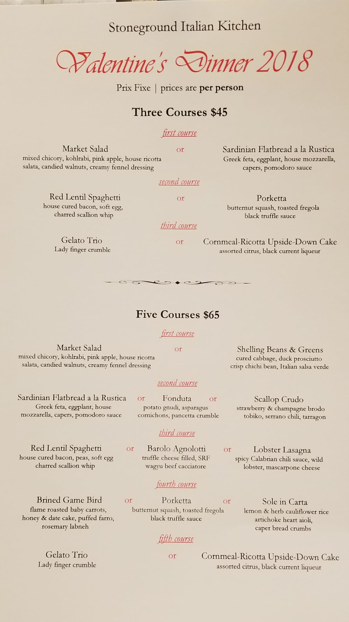 Stoneground Valentines 2018 menu