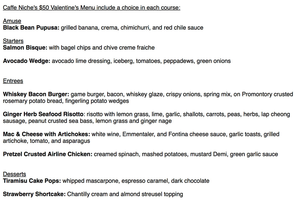 Caffe Niche Valentines Day 2018 menu
