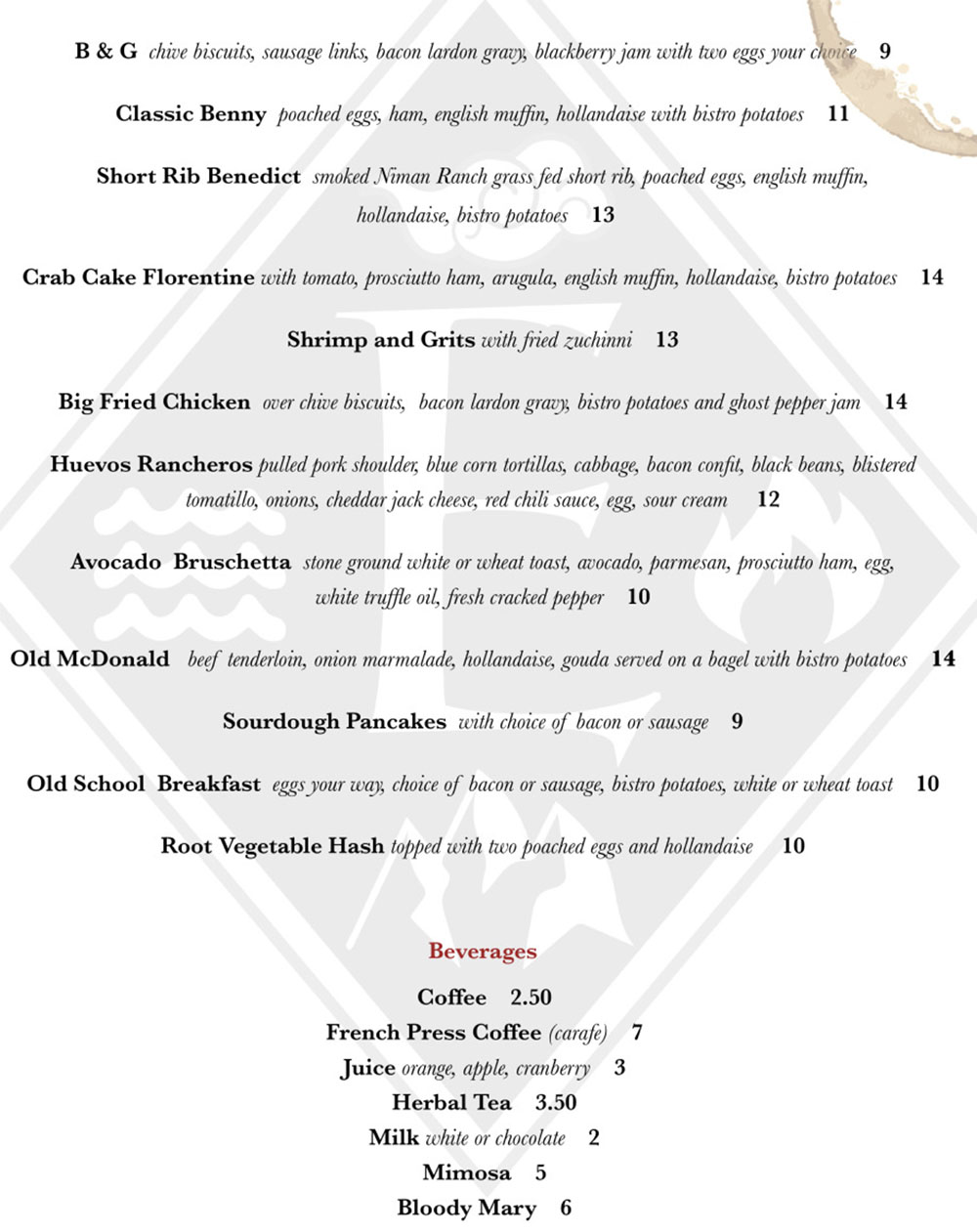 Element Bistro menu - brunch menu