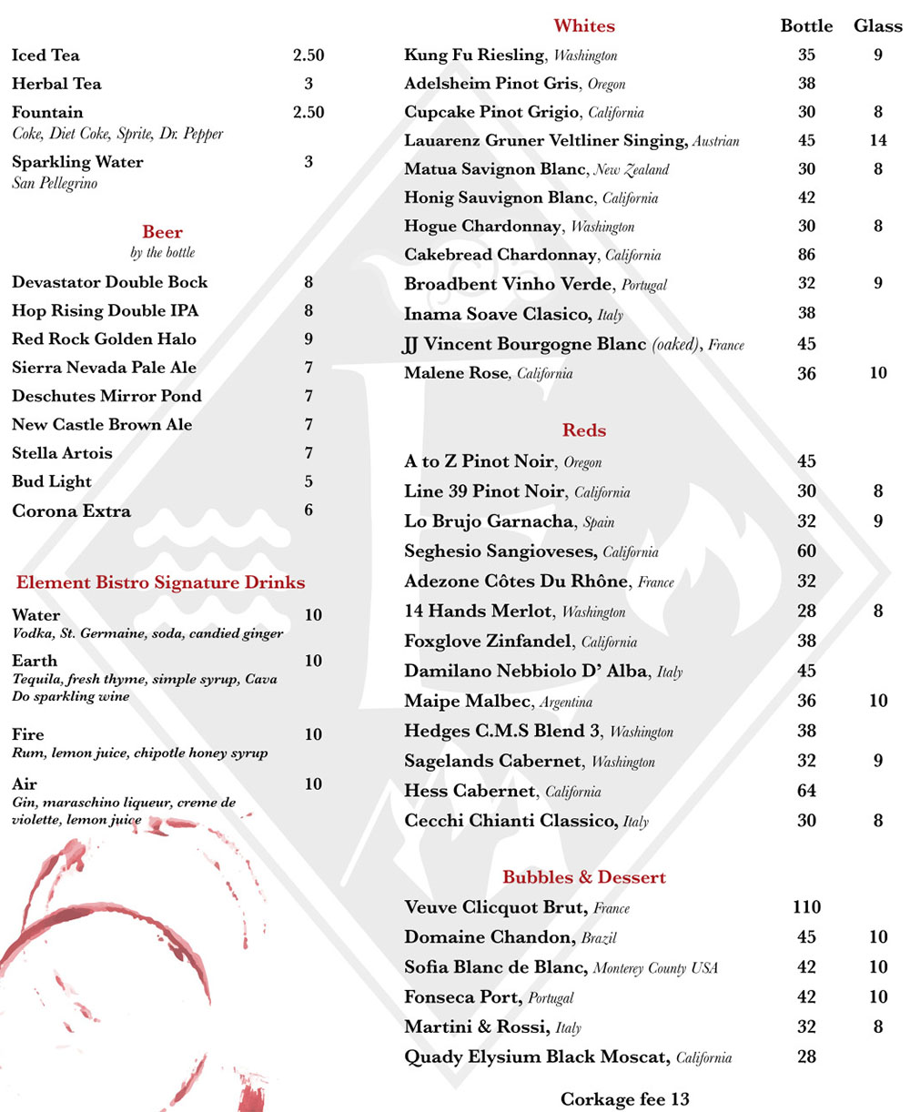 Element Bistro menu - drinks
