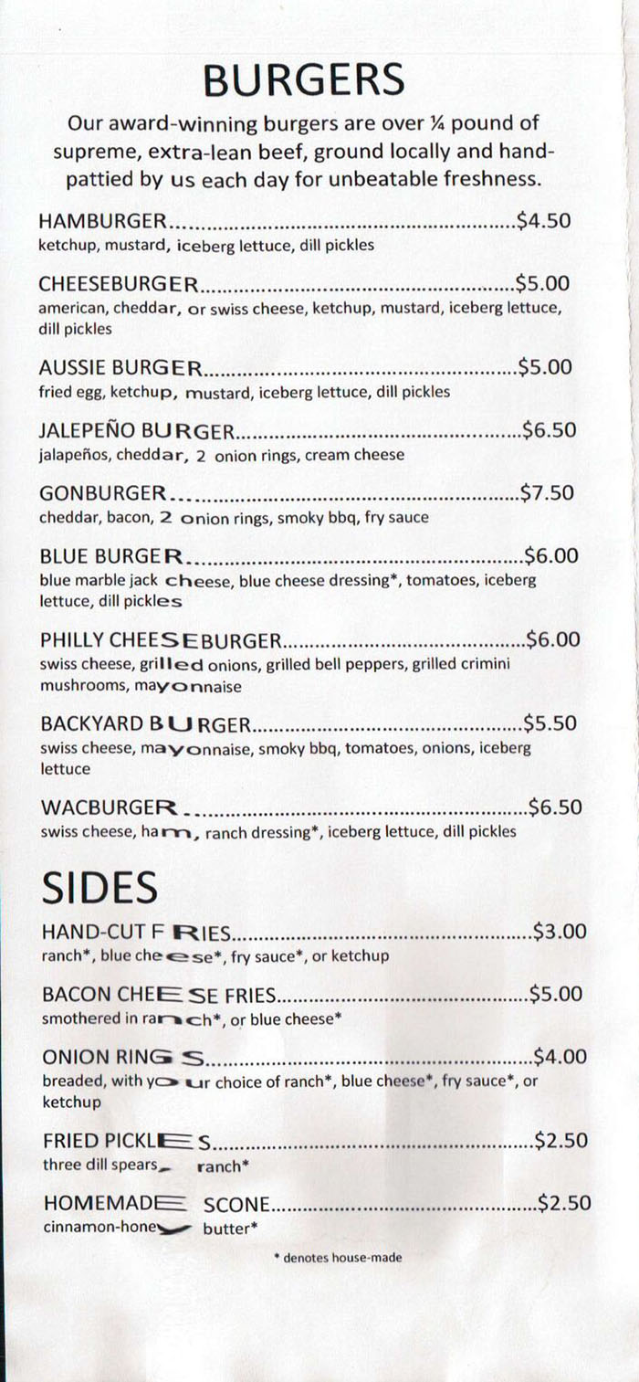 Hi Mountain menu - burgers, sides