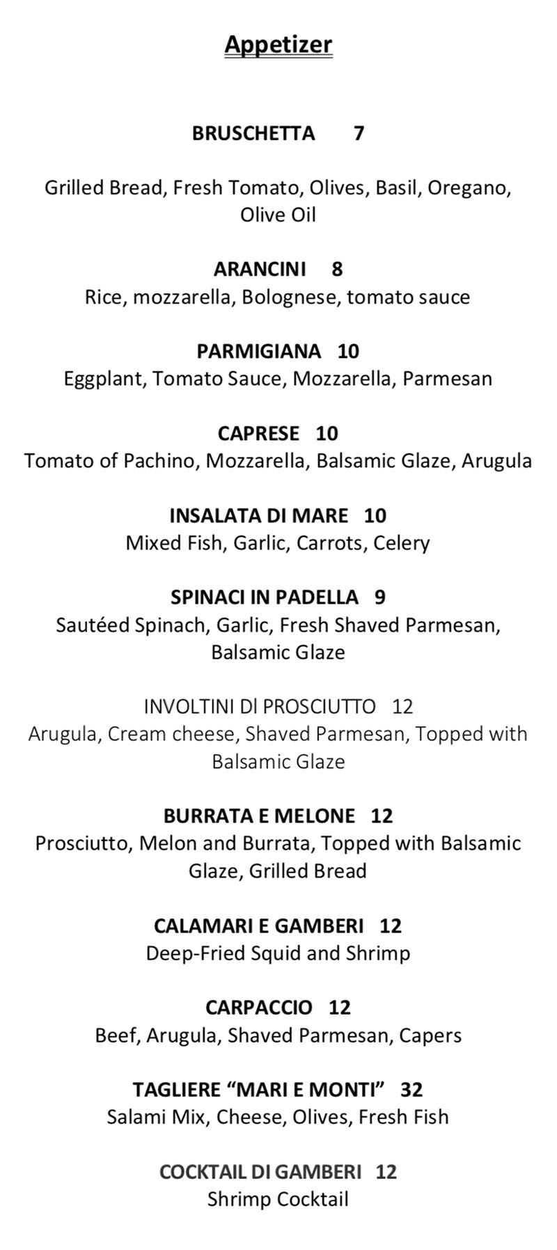 Il Sole menu - appetizers