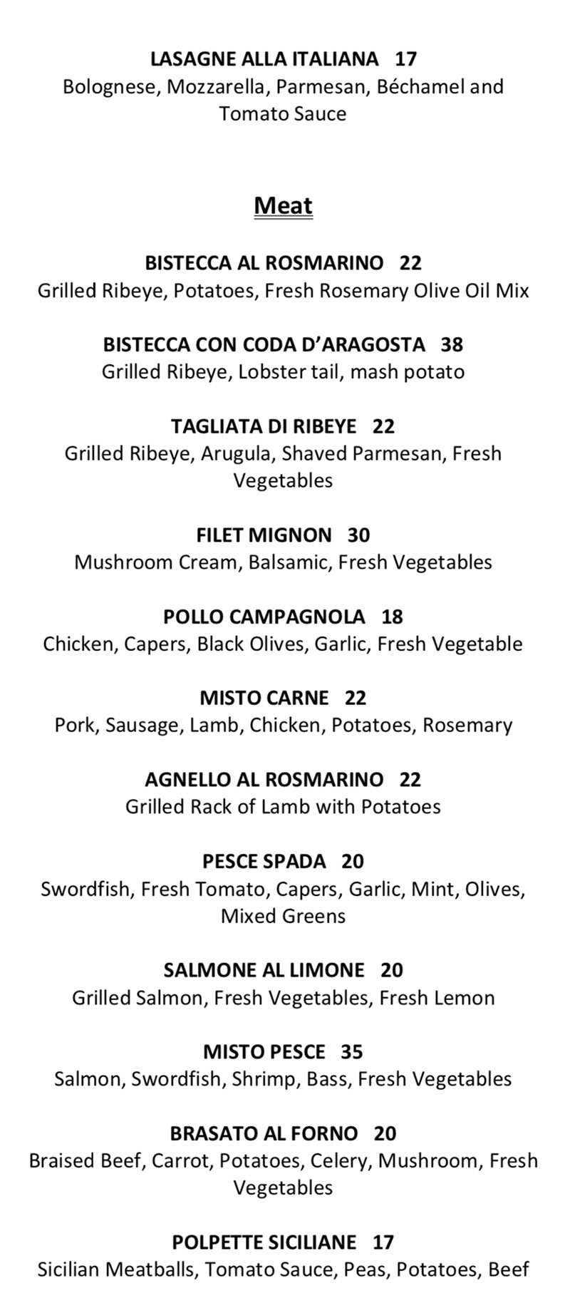 Il Sole menu - meat