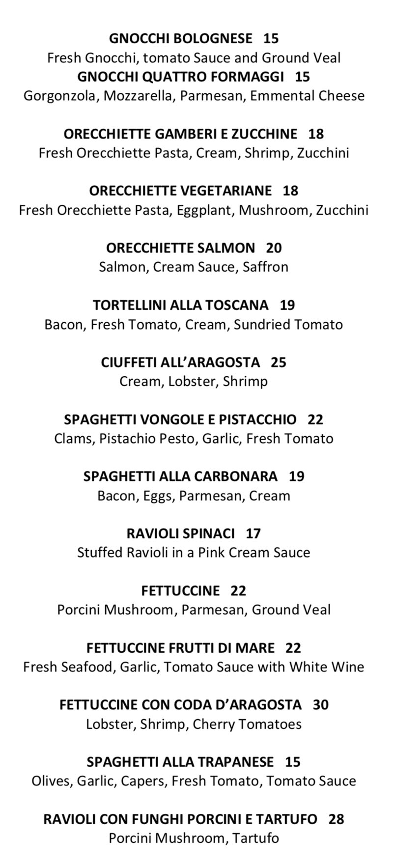 Il Sole menu - pasta