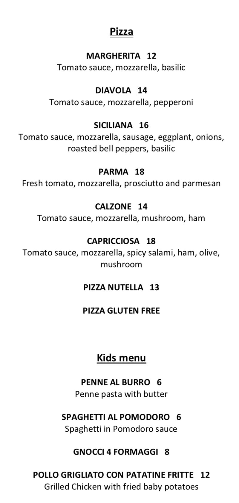 Il Sole menu - pizza and kids menu