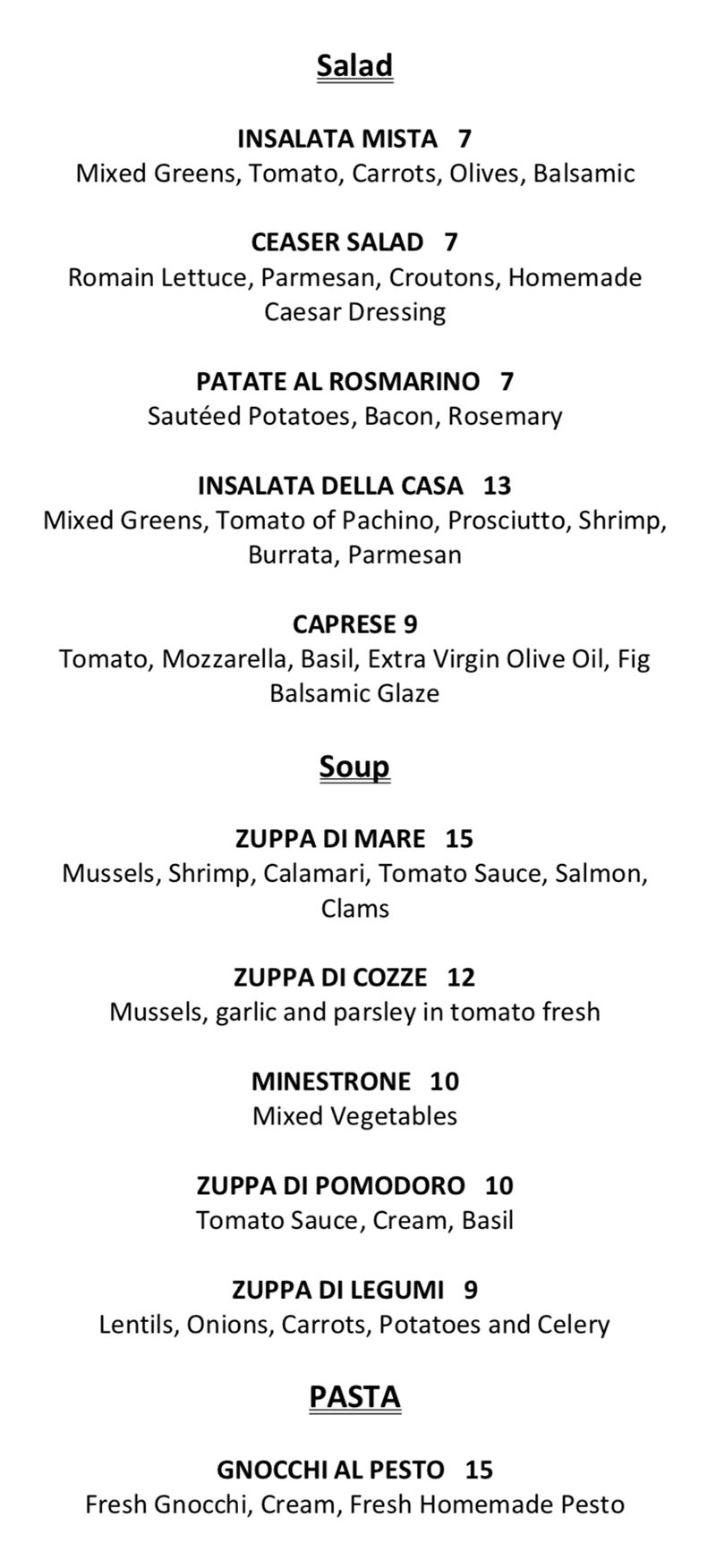 Il Sole menu - salad and soup