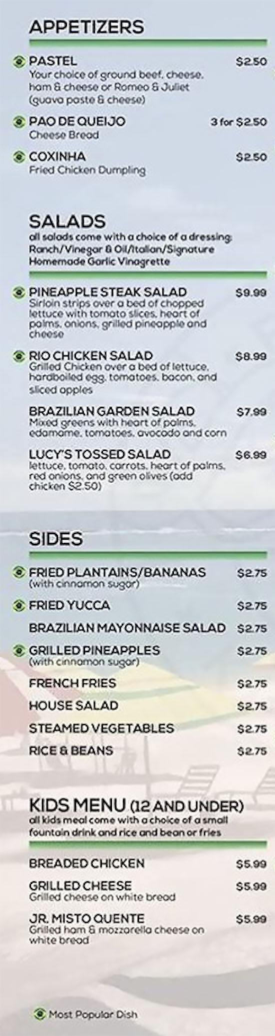 Lucys Brazilian Kitchen menu - appetizers, salads, sides, kids