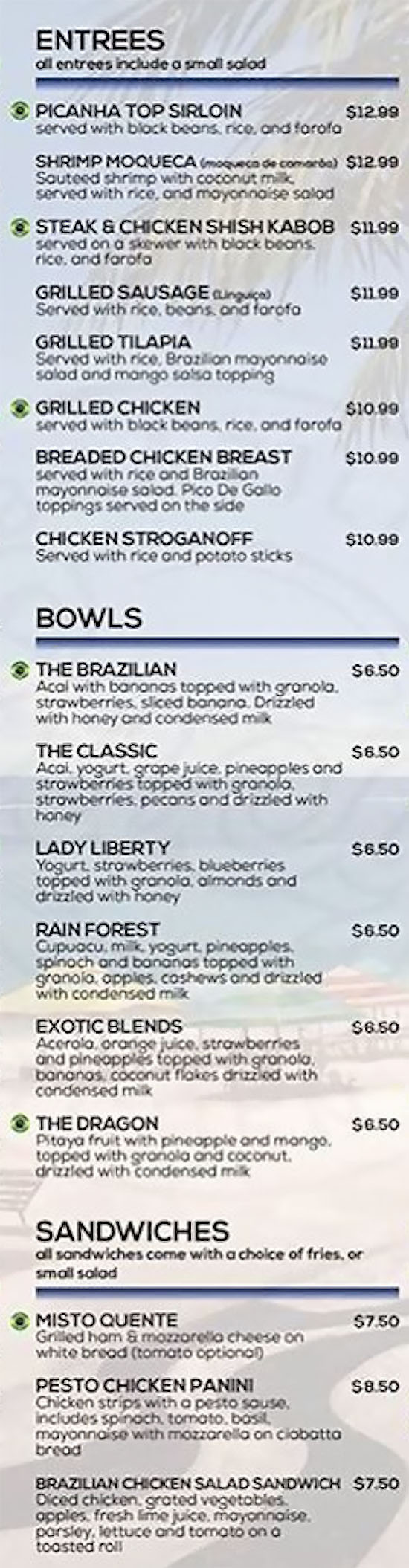 Lucys Brazilian Kitchen menu - entrees, bowls, sandwiches