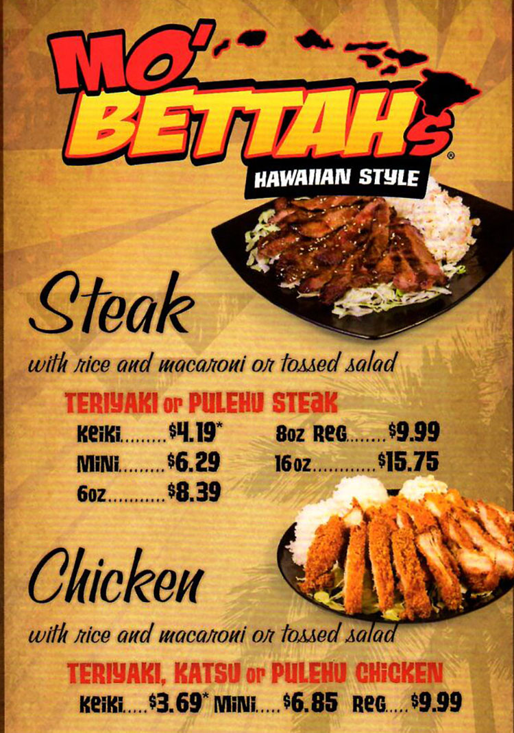 Mo Bettahs menu - steak, chicken