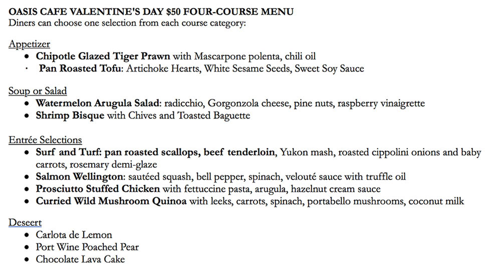 Oasis Cafe Valentines Day 2018 menu