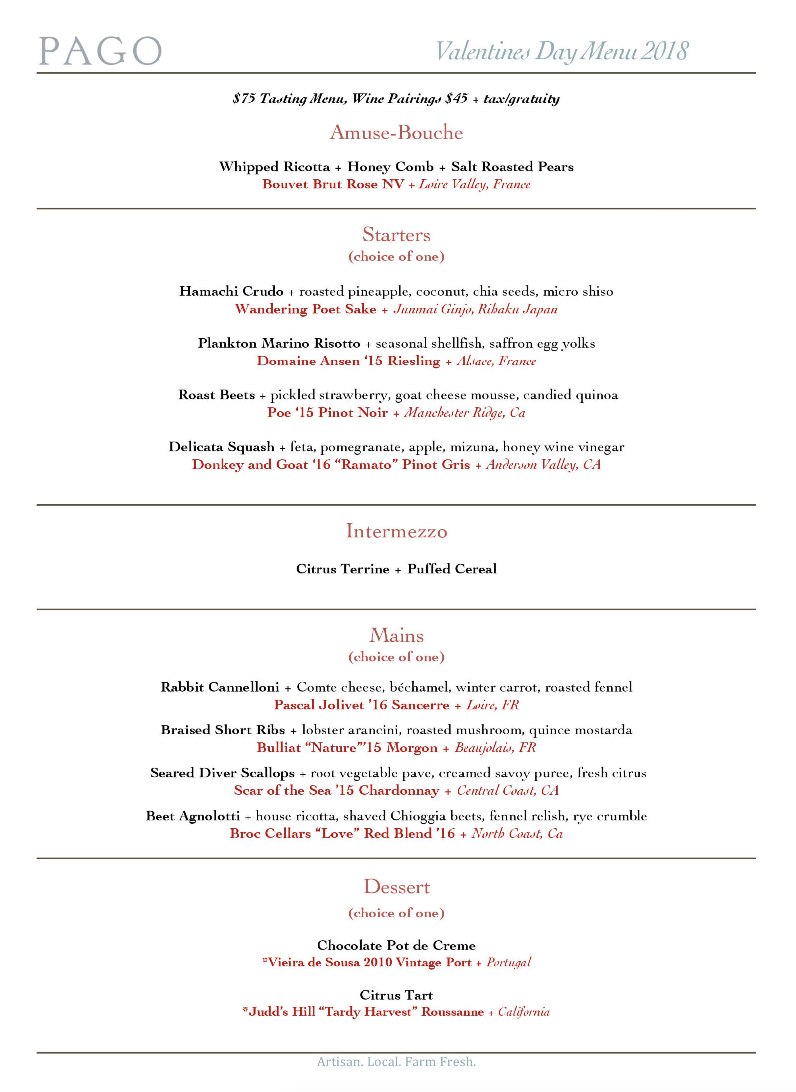 Pago Valentines Day Menu 2018