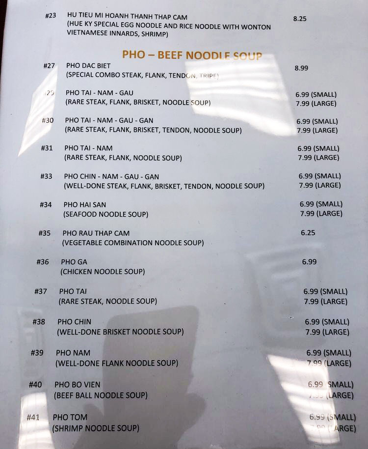 Pho Hue Ky menu - pho