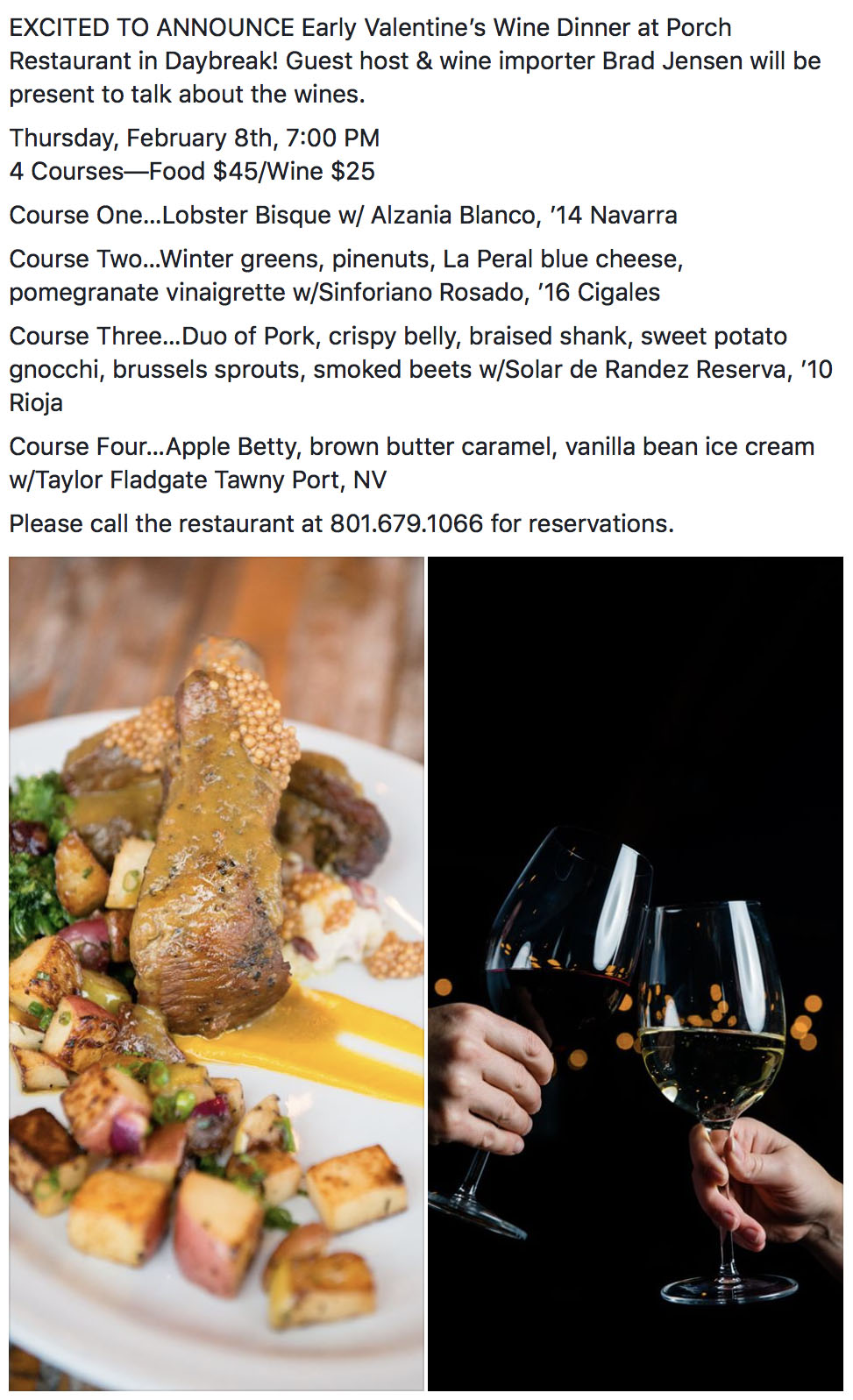 Porch Early Valentines wine dinner