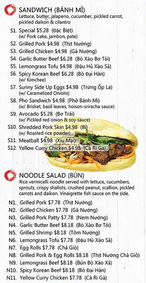 Rollz and bowls menu - banh mi, noodle salads