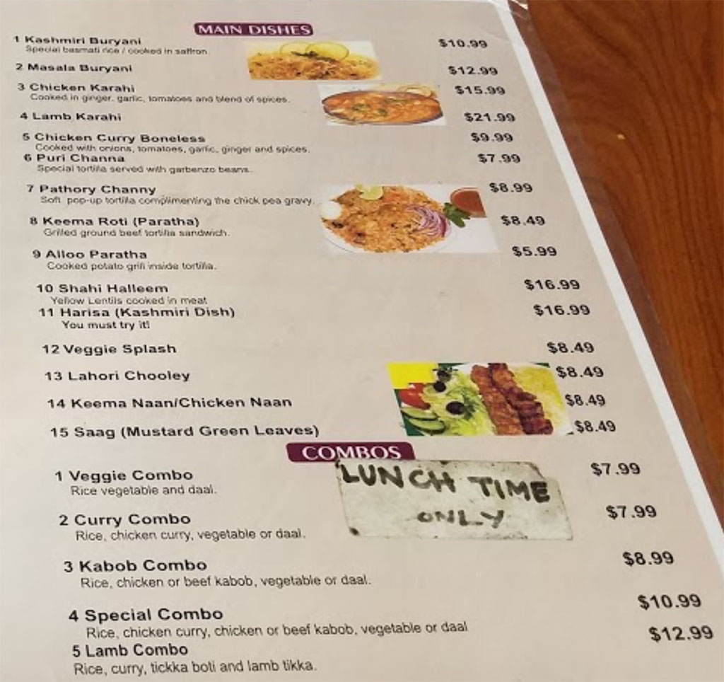 Zaika Grill And Kebab menu page two - credit Denisse Haider