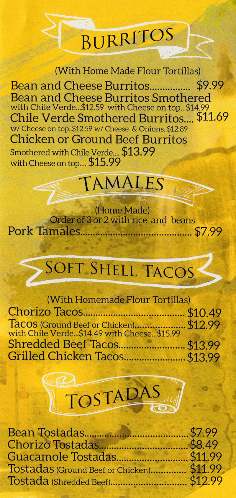 La Fountain menu - burritos, tamales, soft shell tacos, tostadas