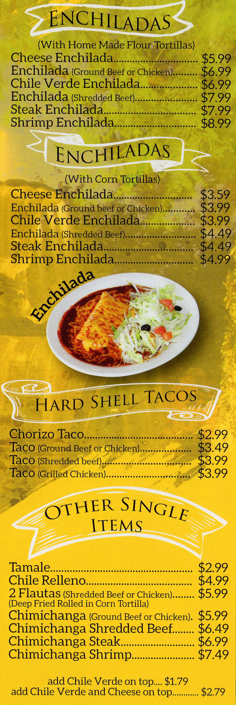 La Fountain menu - enchiladas, hard shell tacos - ala carte