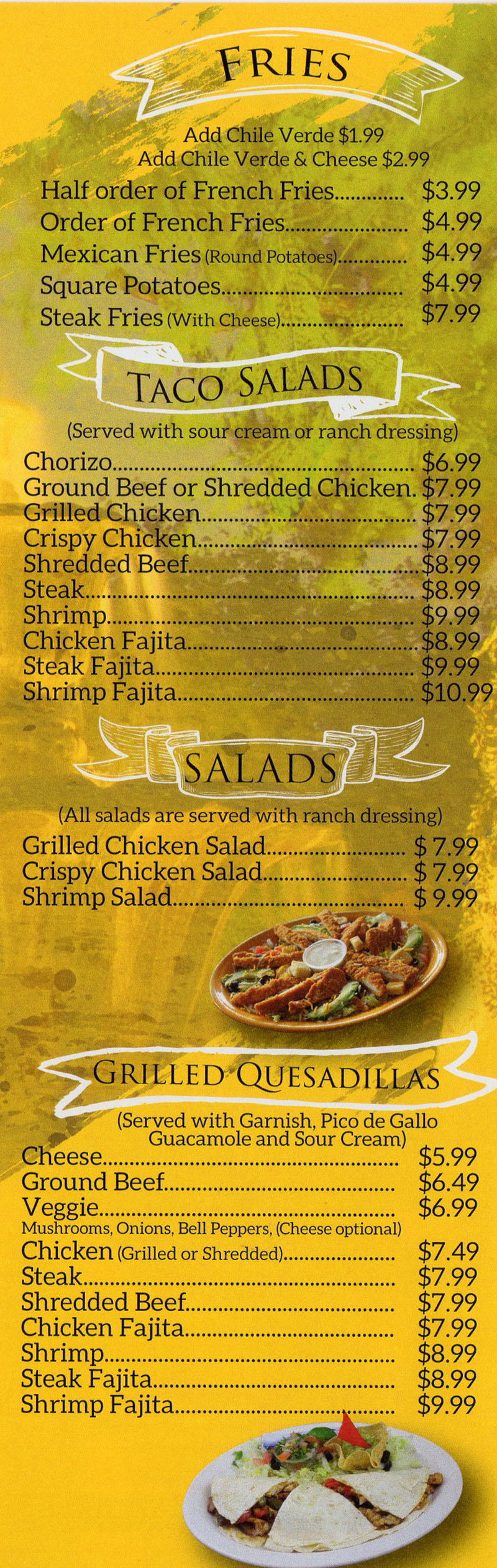 La Fountain menu - fries, taco salads, saalds, grilled quesadillas