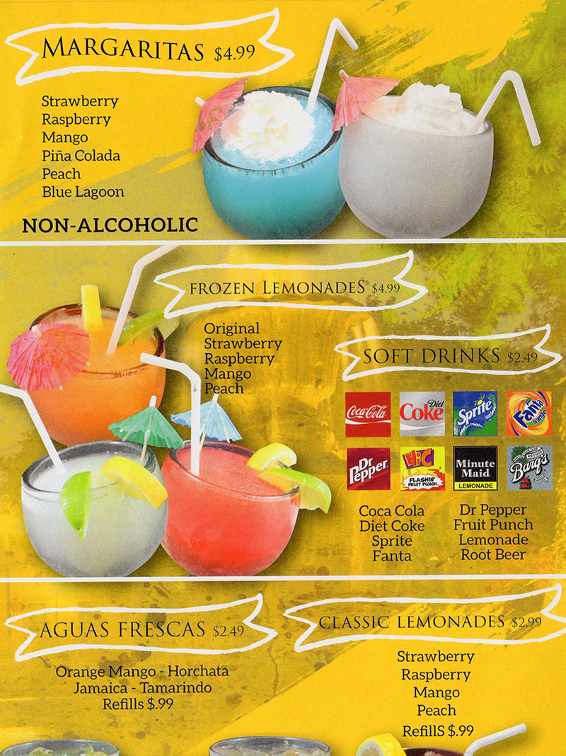 La Fountain menu - margaritas, frozen lemonade, agua fresca, soft drinks