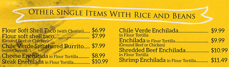 La Fountain menu - other single items with rice and beans