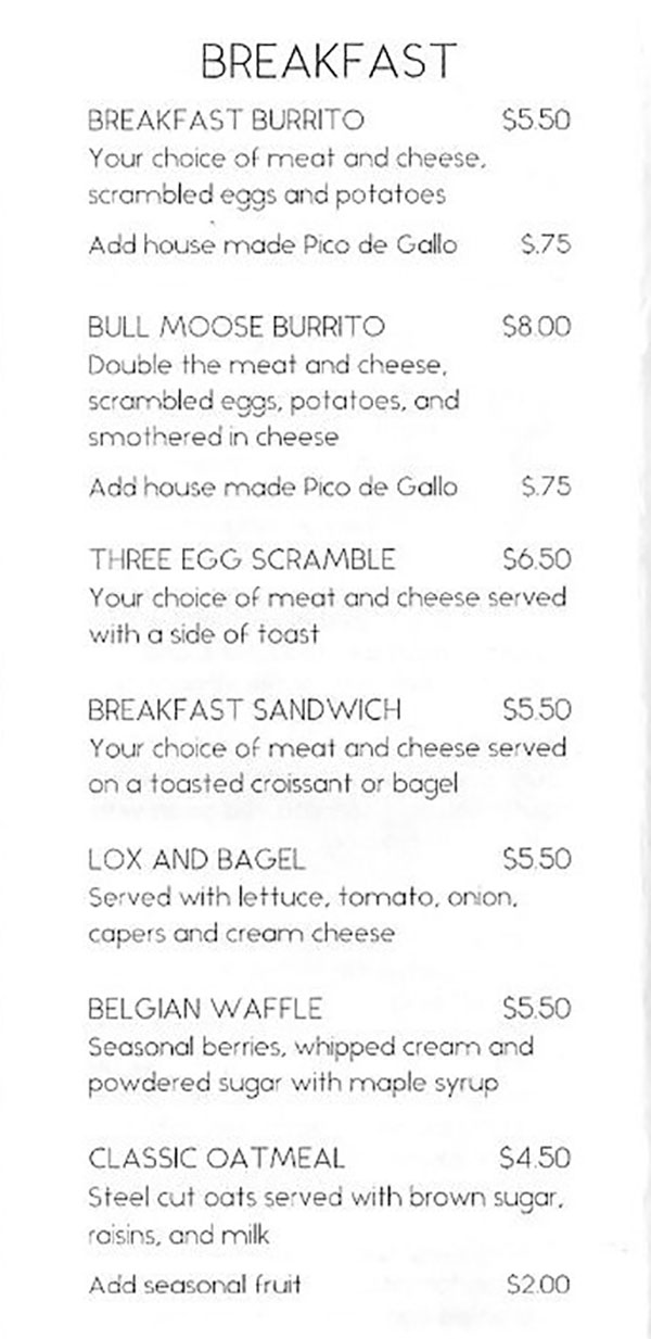 Red Moose Coffee Company menu - breakfast