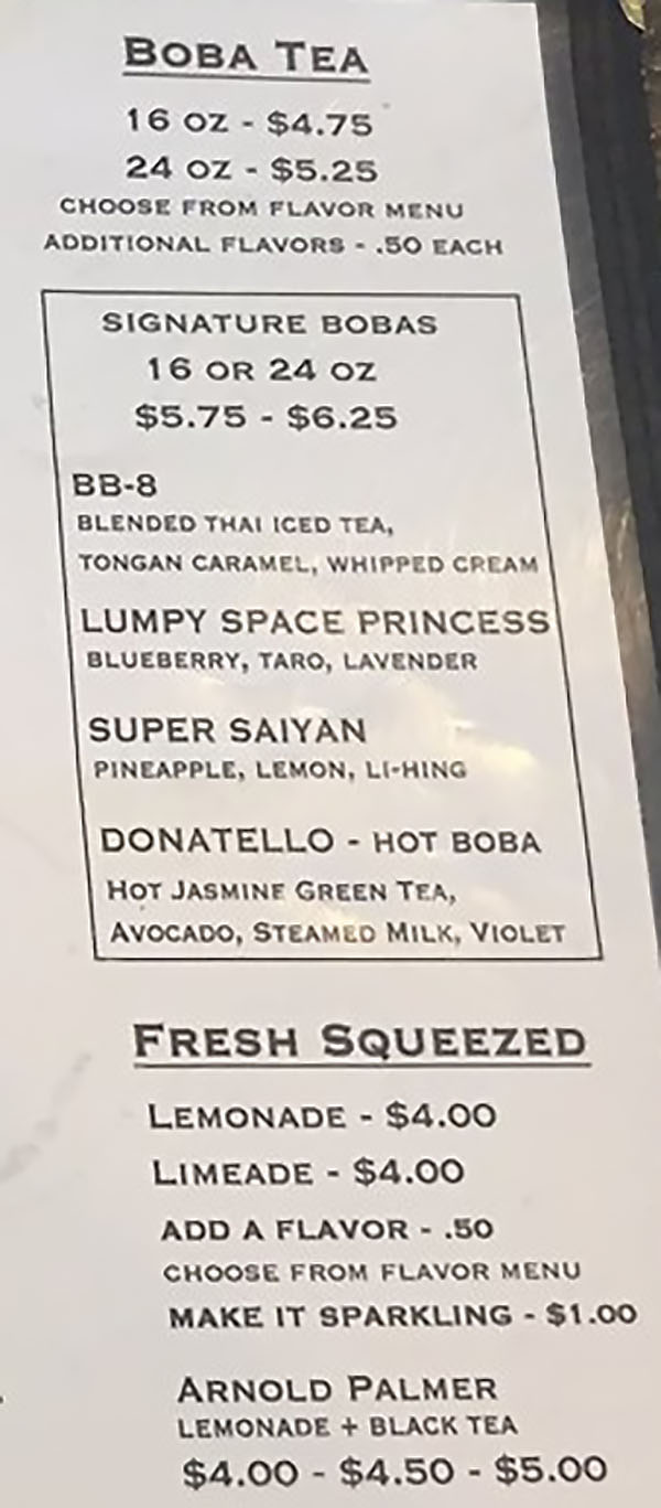 Watch Tower Cafe menu - boba tea, juices