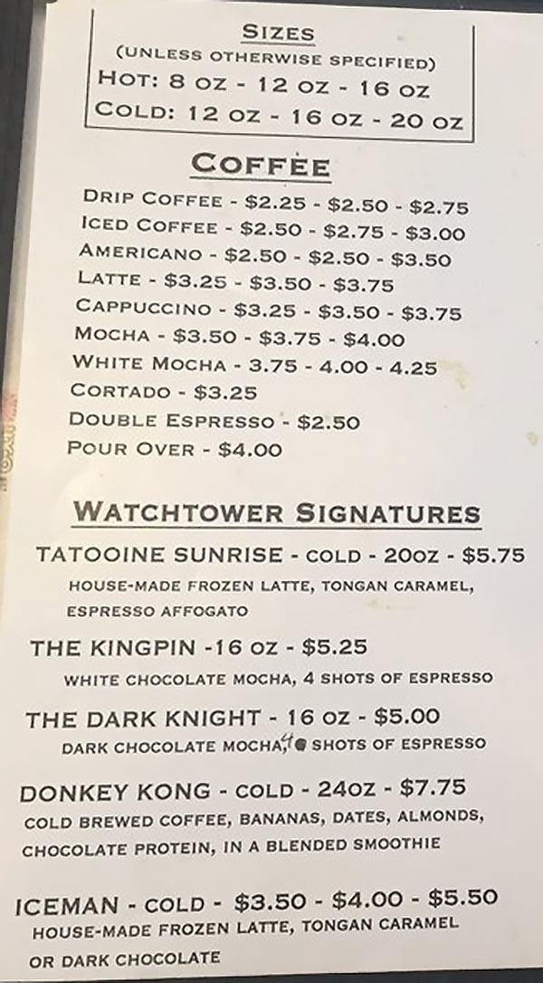 Watch Tower Cafe menu - coffee
