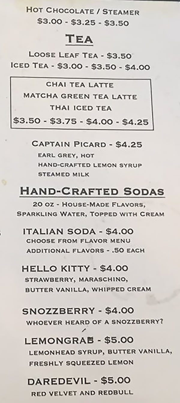 Watch Tower Cafe menu - tea, soda