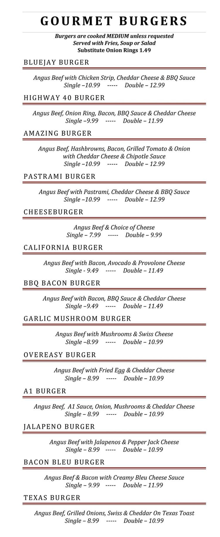 Blue Jay Cafe menu gourmet burgers SLC menu