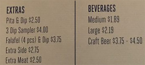 GR Kitchen menu - extras, beverages