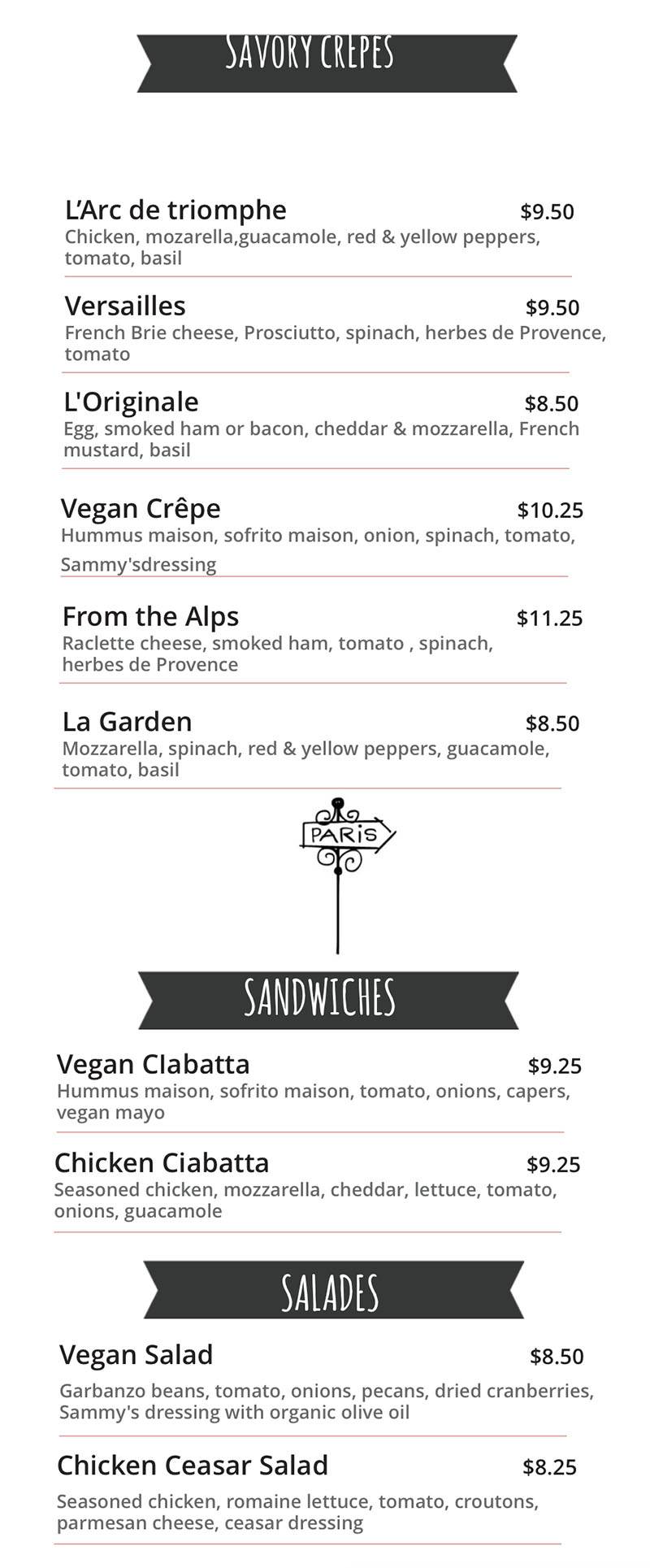 Monsieur Crepes menu - savory crepes, sandwiches, salads