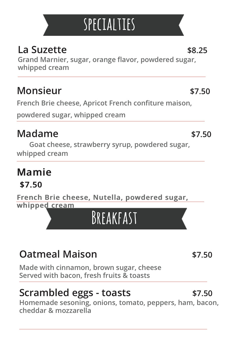 Monsieur Crepes menu - specialties, breakfast