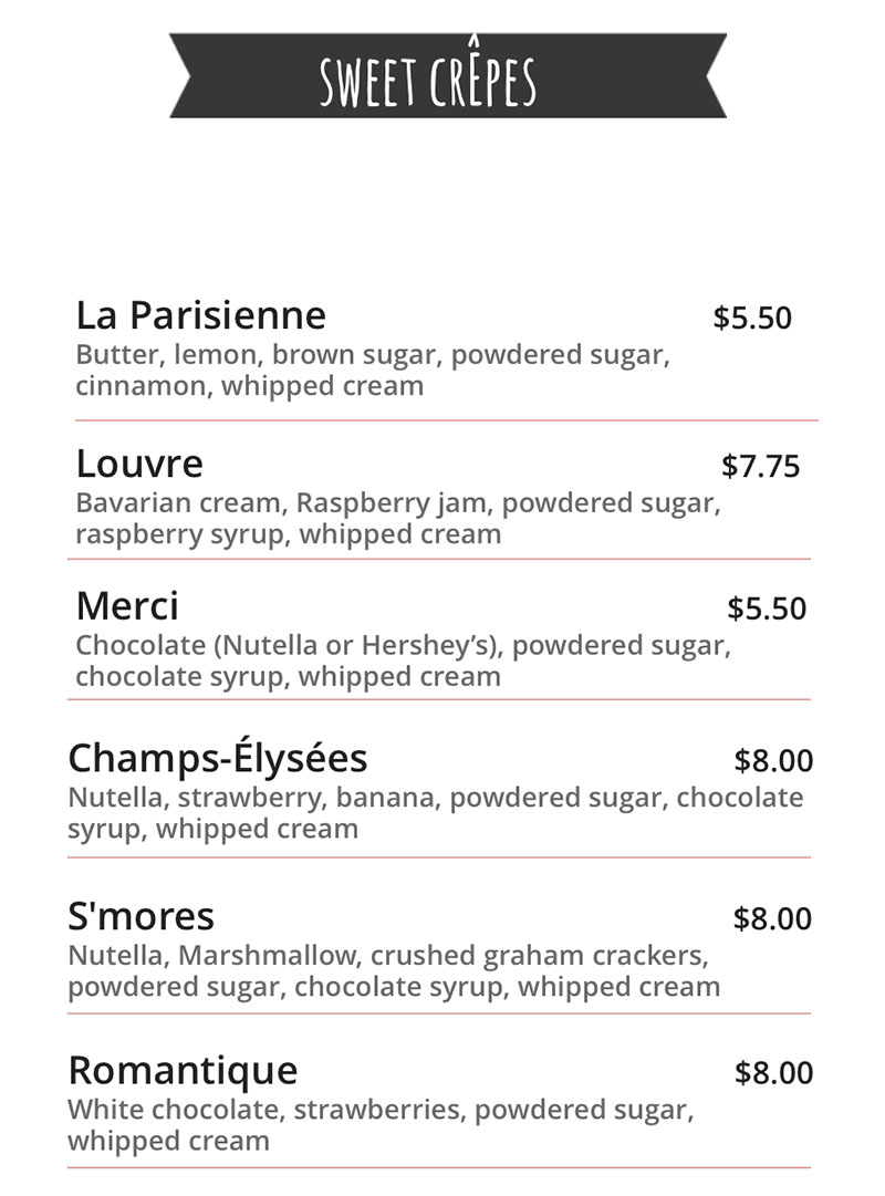 Monsieur Crepes menu - sweet crepes
