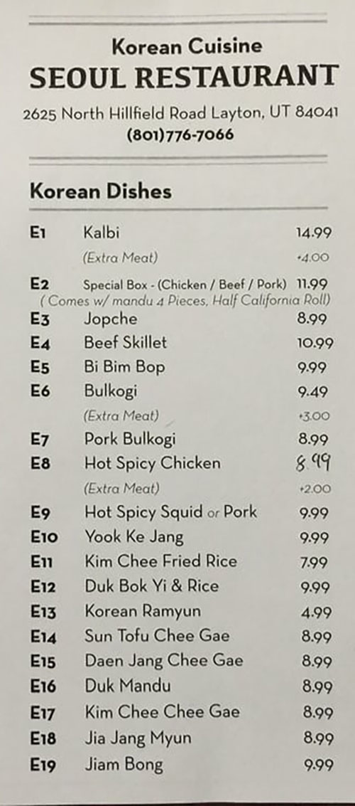 Seoul Korean Best Teriyaki Restaurant menu - Korean dishes