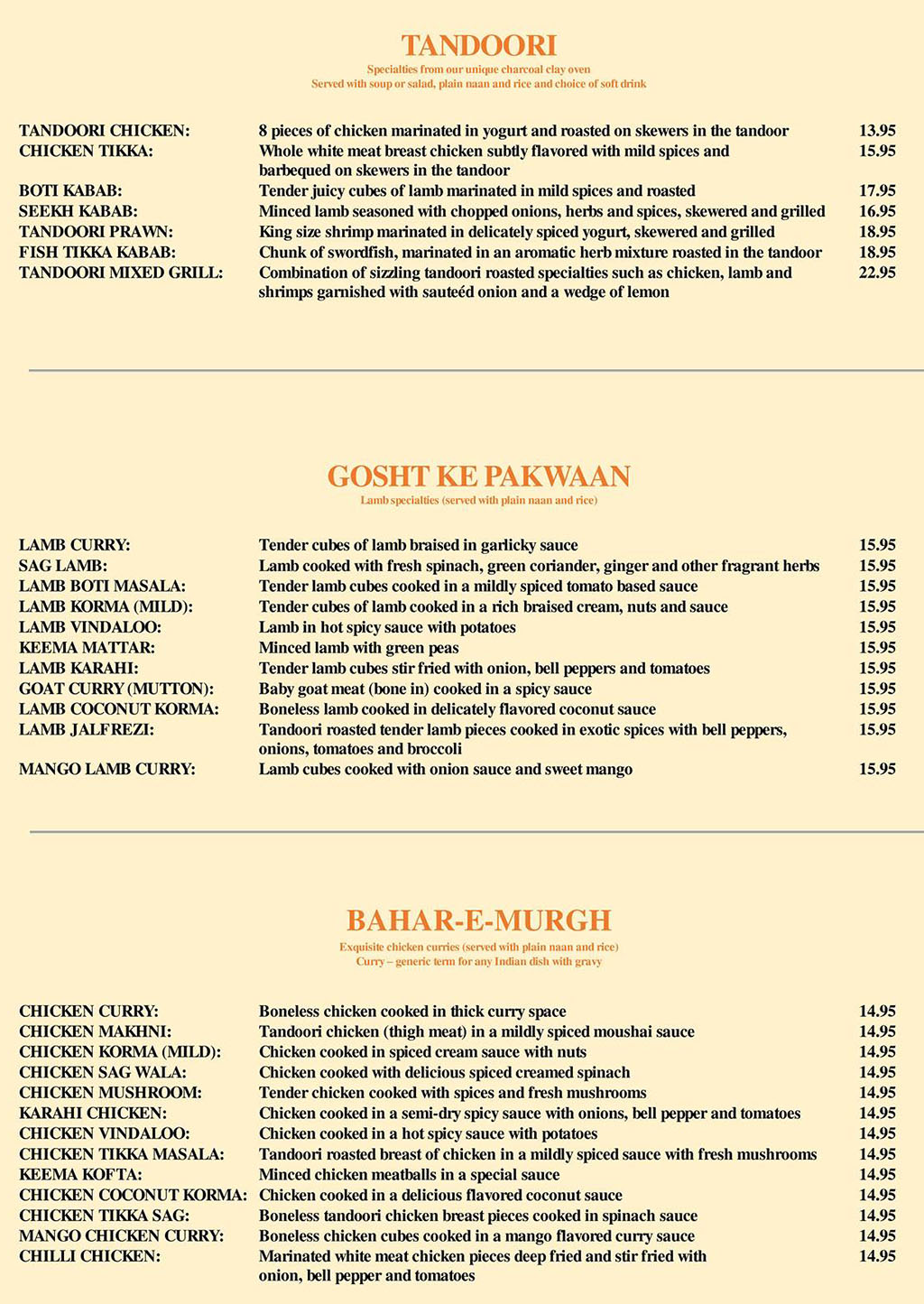 Taj India menu - tandoori, lamb, chicken