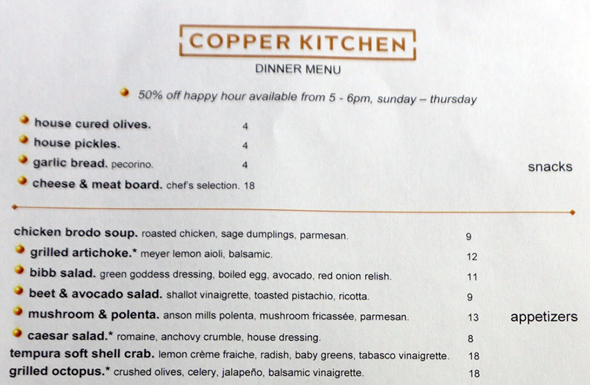 Copper Kitchen dinner menu - snacks, salads, appetizers