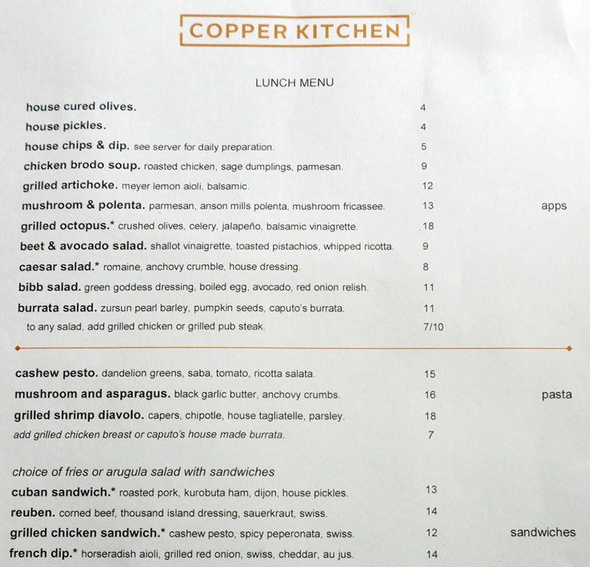 Copper Kitchen lunch menu - appetizers, small plates, salads, sandwiches