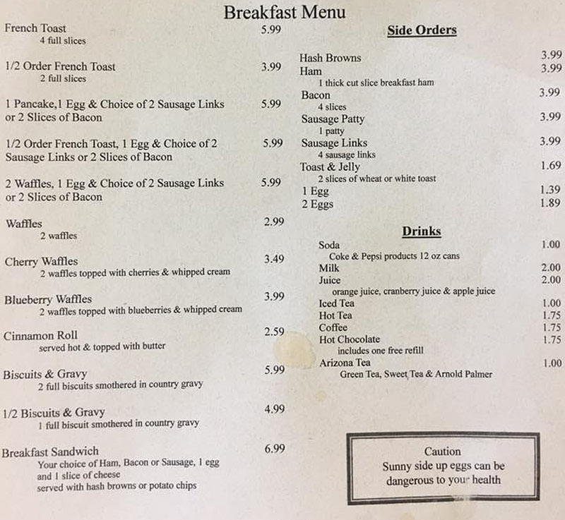 Hitching Post menu - breakfast continued, sides, drinks