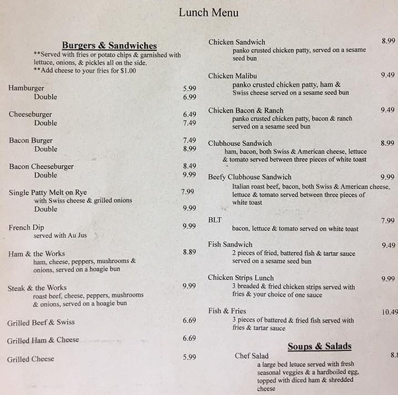 Hitching Post menu - lunch, burgers, sandwiches, soups, salads