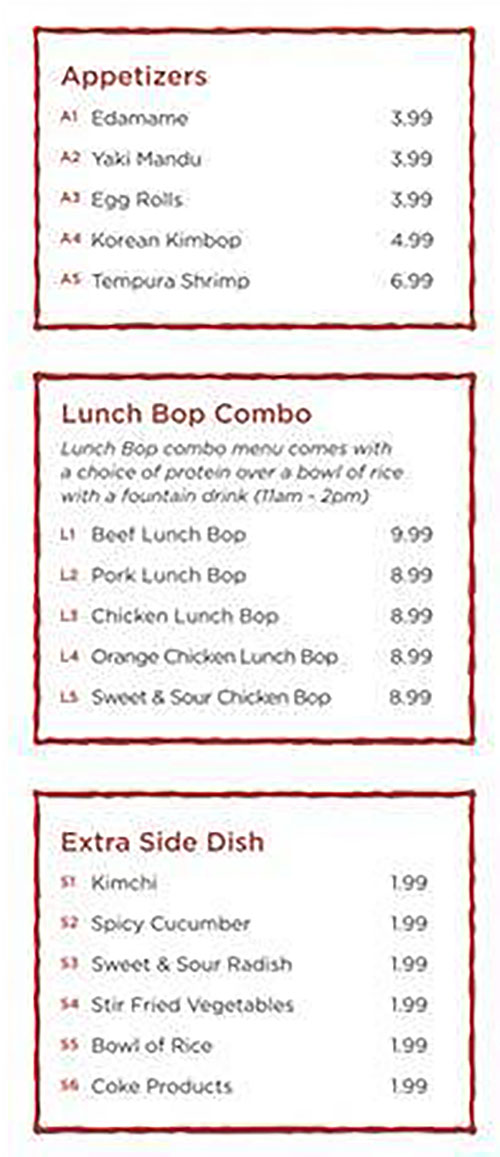 Korean Bistro menu - appetizers, lunch bop, sides