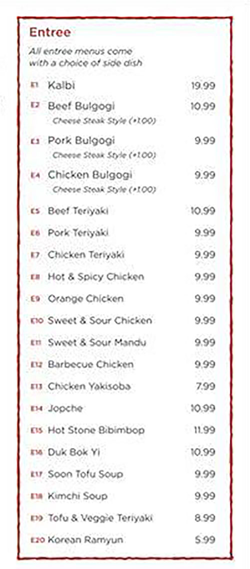 Korean Bistro menu - entrees