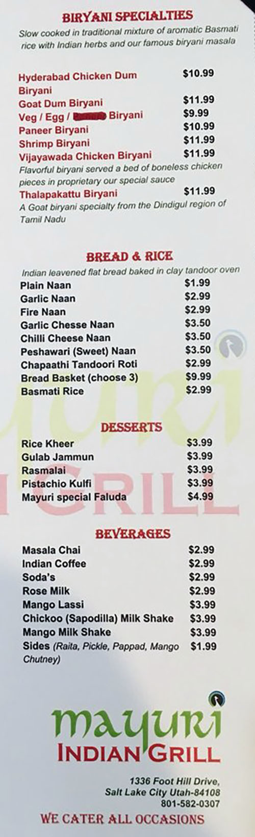 Mayuri Indian Grill menu - biryani, bread, rice, desserts, beverages