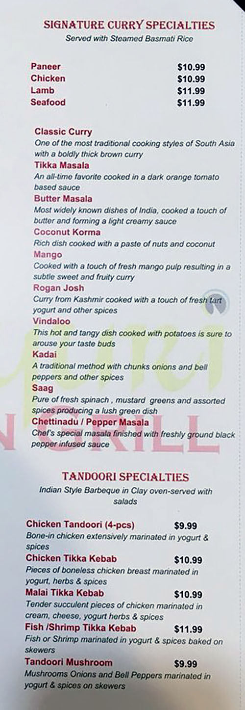 Mayuri Indian Grill menu - curry specialties, tandoori specialties