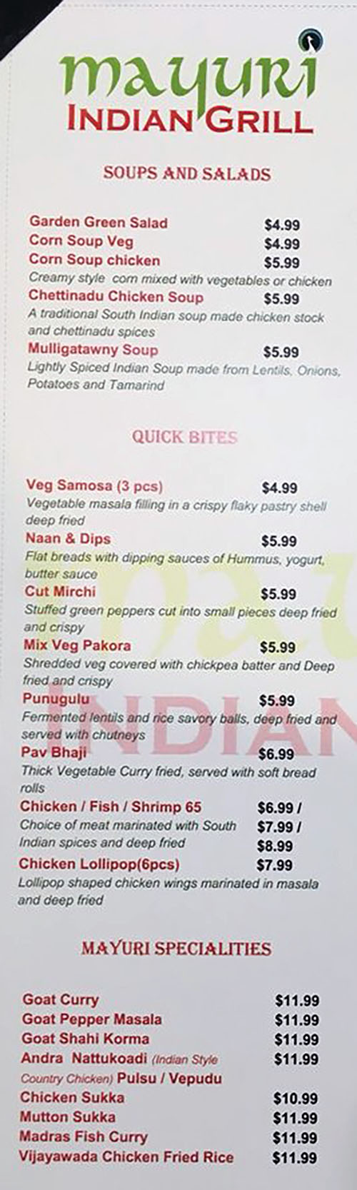 Mayuri Indian Grill menu - soups, salads, quick bites, specialties