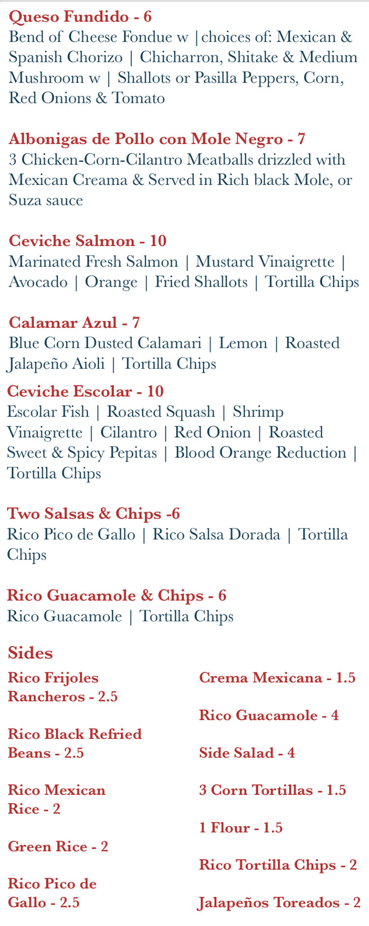 Rico Cocina Y Tequila Bar menu - appertizers, sides