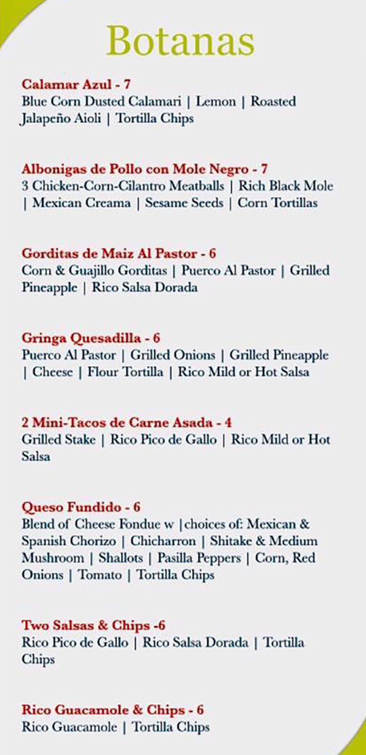 Rico Cocina Y Tequila Bar - tequila bar menu