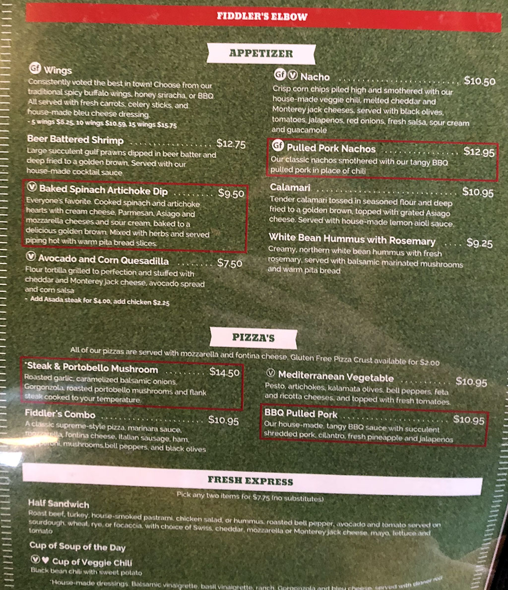 Fiddler's Elbow menu - appetizers, pizzas, fresh express