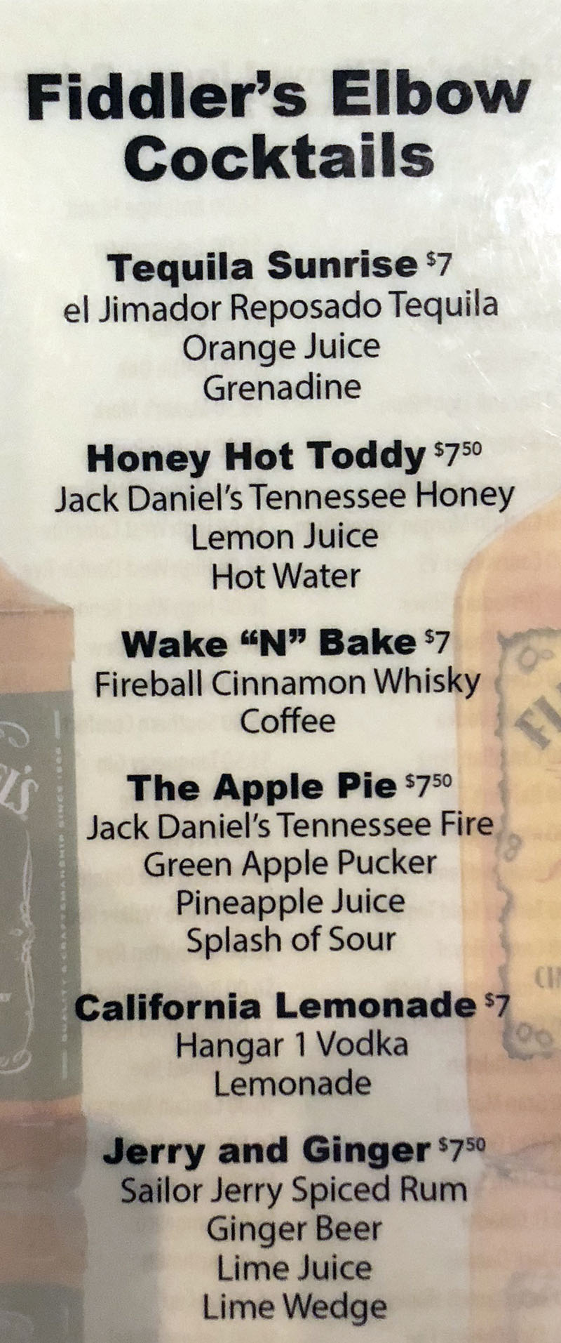 Fiddler's Elbow menu - cocktails