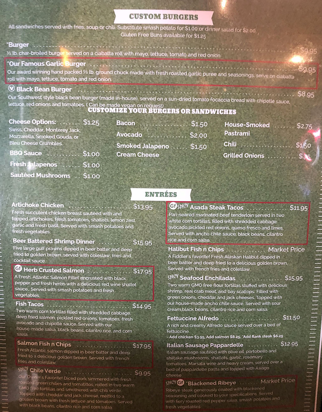 Fiddler's Elbow menu - custom burgers, entrees